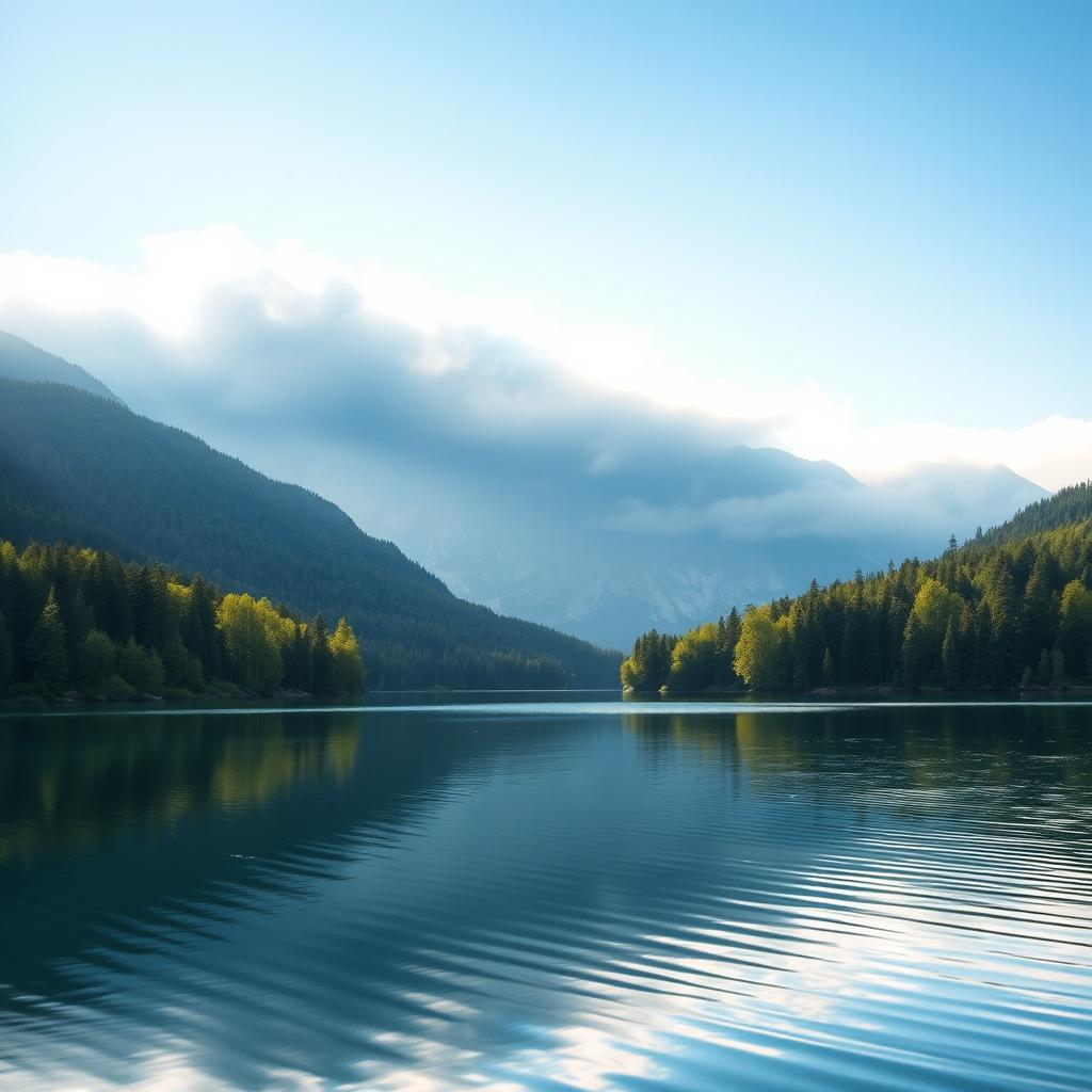 A serene landscape with a calm lake reflecting a clear blue sky, surrounded by lush green forests