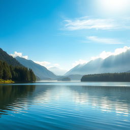 A serene landscape with a calm lake reflecting a clear blue sky, surrounded by lush green forests