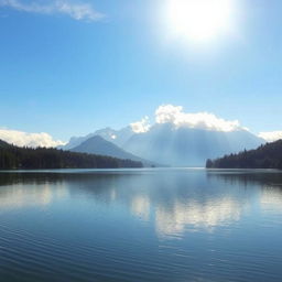 A serene landscape with a calm lake reflecting a clear blue sky, surrounded by lush green forests