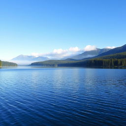 A serene landscape with a calm lake reflecting a clear blue sky, surrounded by lush green forests