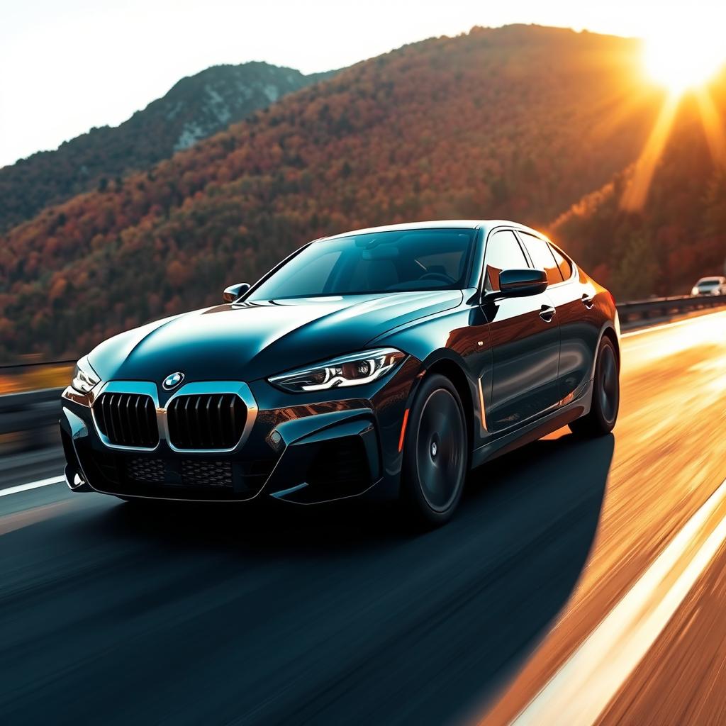 A sleek and shiny BMW car captured in motion on a scenic mountain road, reflecting the vibrant colors of autumn