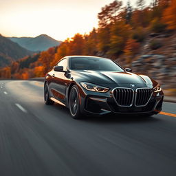 A sleek and shiny BMW car captured in motion on a scenic mountain road, reflecting the vibrant colors of autumn