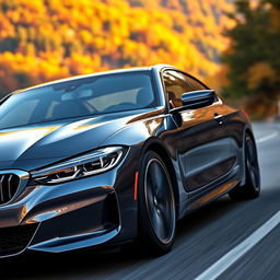 A sleek and shiny BMW car captured in motion on a scenic mountain road, reflecting the vibrant colors of autumn