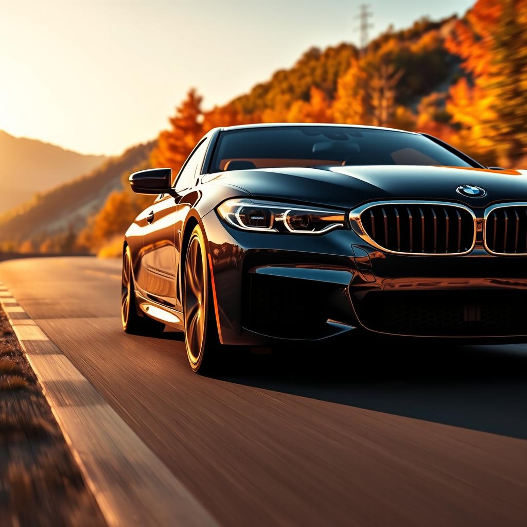 A sleek and shiny BMW car captured in motion on a scenic mountain road, reflecting the vibrant colors of autumn