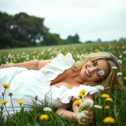 A breathtaking curvy blonde 40-year-old woman with a big smile, hazel eyes, and lightly tanned skin, wearing a White Frill Detail Plunge Shift Dress