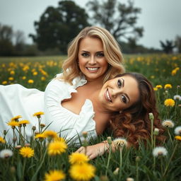 A breathtaking curvy blonde 40-year-old woman with a big smile, hazel eyes, and lightly tanned skin, wearing a White Frill Detail Plunge Shift Dress