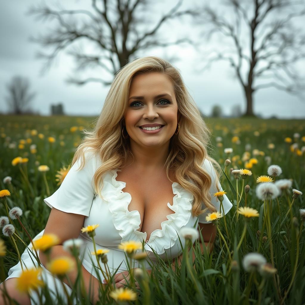 A breathtaking curvy blonde 40-year-old woman with a big smile, hazel eyes, and lightly tanned skin, wearing a White Frill Detail Plunge Shift Dress