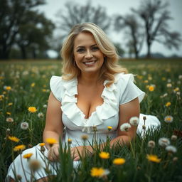 A breathtaking curvy blonde 40-year-old woman with a big smile, hazel eyes, and lightly tanned skin, wearing a White Frill Detail Plunge Shift Dress