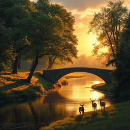 A serene landscape depicting a peaceful forest with lush green trees and a calm river flowing through it