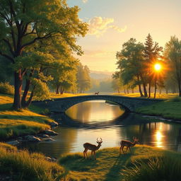 A serene landscape depicting a peaceful forest with lush green trees and a calm river flowing through it