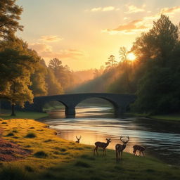 A serene landscape depicting a peaceful forest with lush green trees and a calm river flowing through it