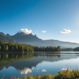 A serene morning landscape, featuring a calm, reflective lake surrounded by lush green trees