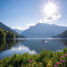 A serene morning landscape, featuring a calm, reflective lake surrounded by lush green trees