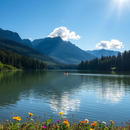 A serene morning landscape, featuring a calm, reflective lake surrounded by lush green trees