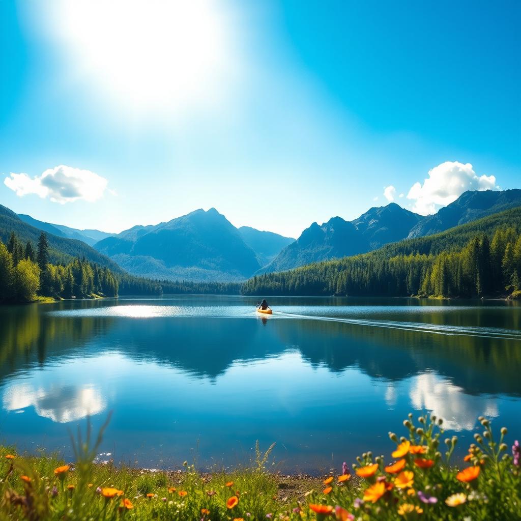 A serene morning landscape, featuring a calm, reflective lake surrounded by lush green trees