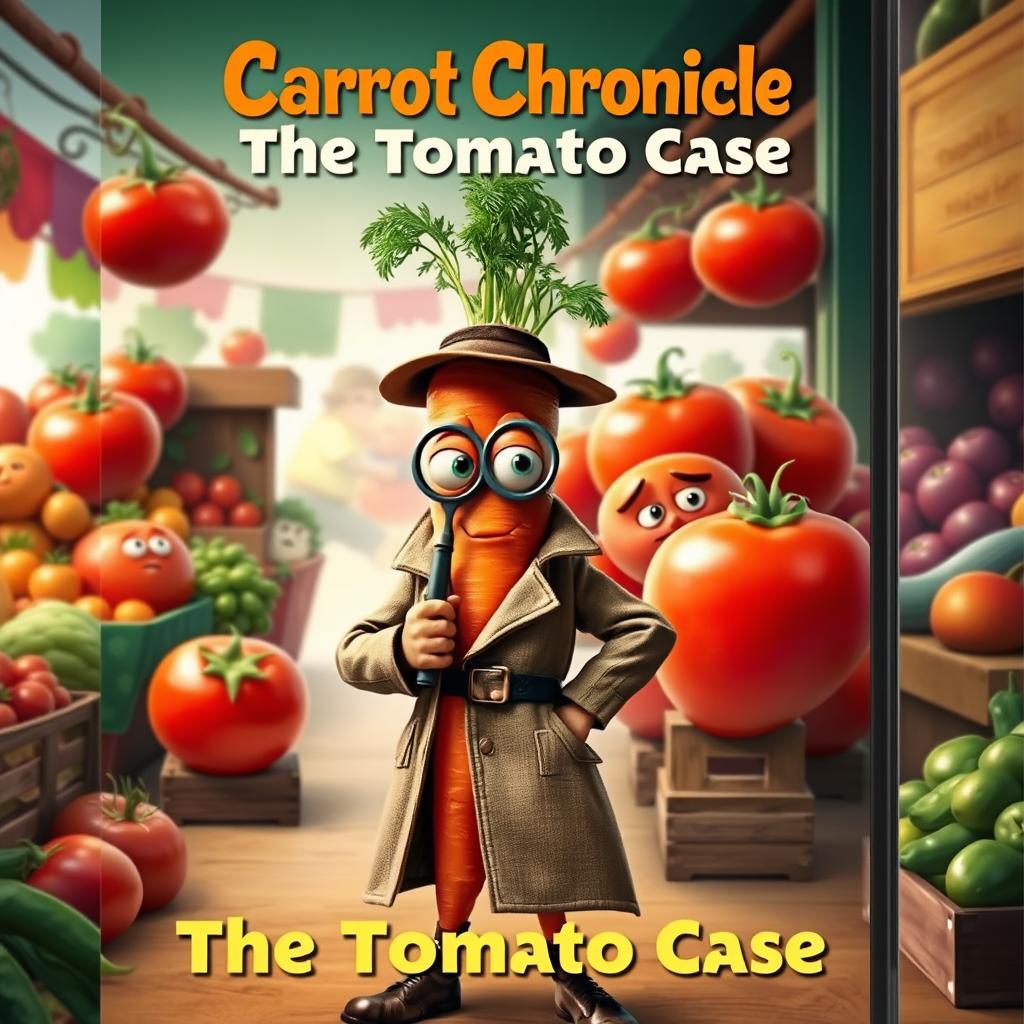 A movie cover featuring an anthropomorphic carrot as a detective, standing confidently with a magnifying glass