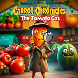 A movie cover featuring an anthropomorphic carrot as a detective, standing confidently with a magnifying glass