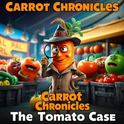 A movie cover featuring an anthropomorphic carrot as a detective, standing confidently with a magnifying glass