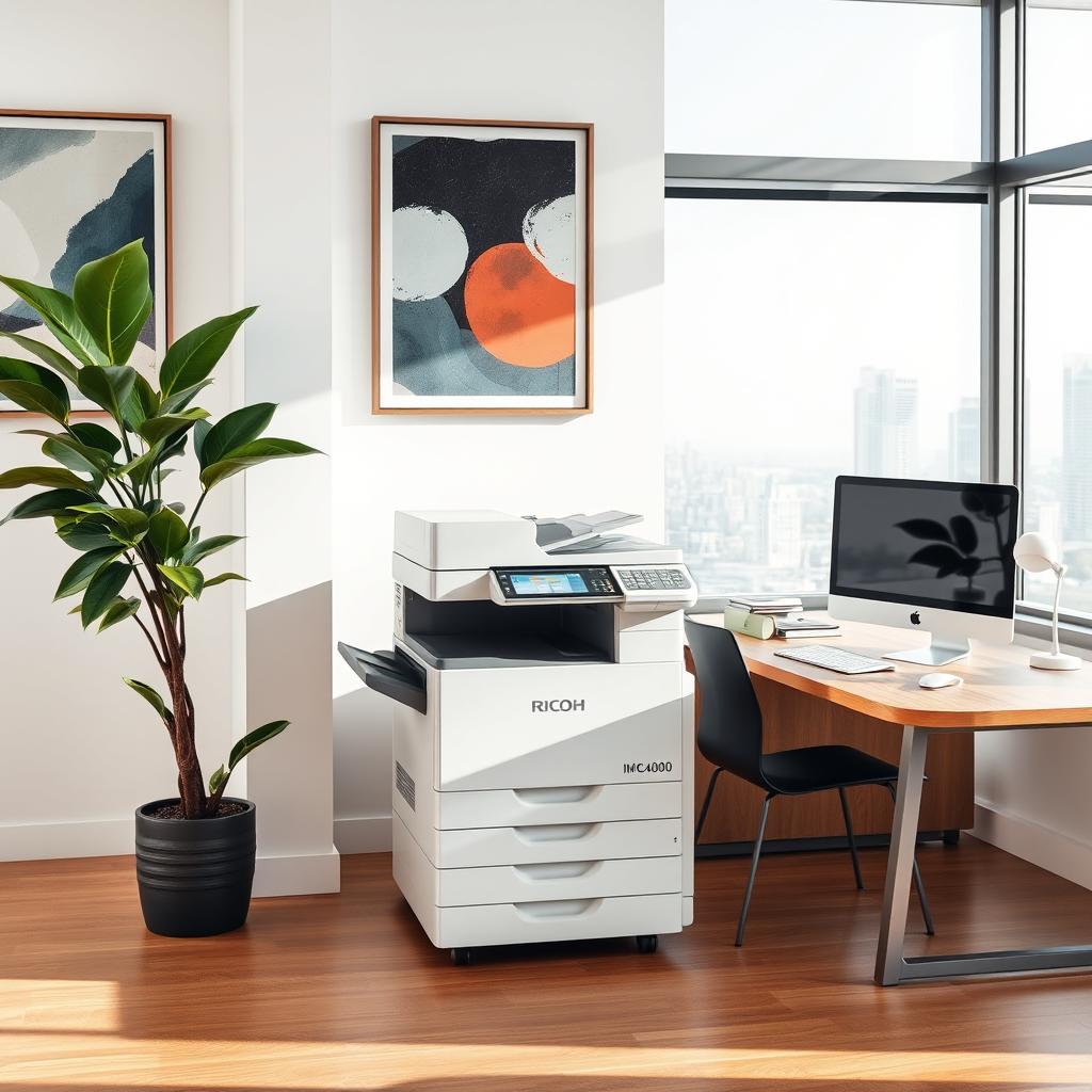 A Ricoh IMC4000 photocopier placed in an office setting with modern minimalistic decor