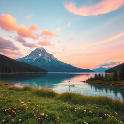 A serene landscape featuring a majestic mountain in the background with lush green forests in the foreground, a crystal-clear lake reflecting the sky, and small wildflowers scattered along the lakeside