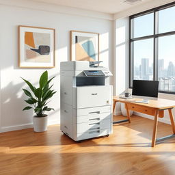 A Ricoh IMC4000 photocopier placed in an office setting with modern minimalistic decor