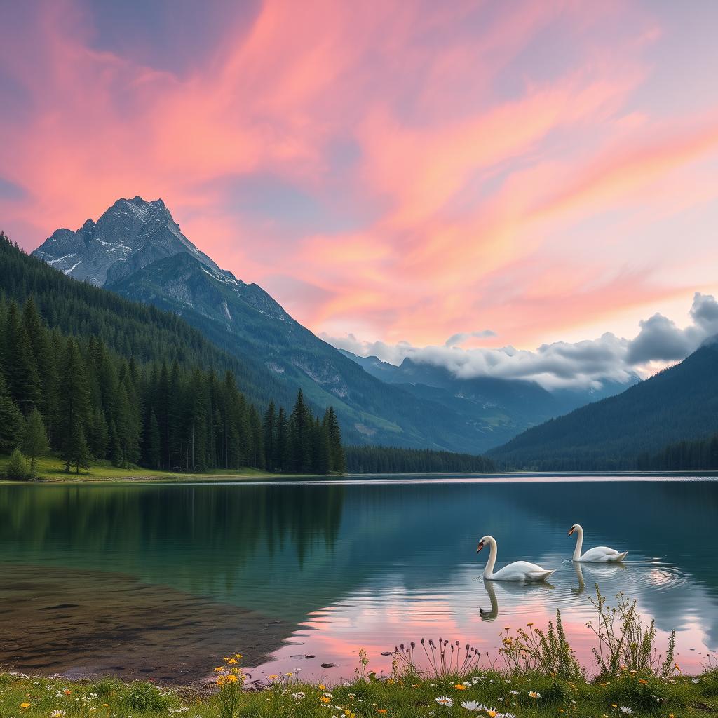 A serene landscape featuring a majestic mountain in the background with lush green forests in the foreground, a crystal-clear lake reflecting the sky, and small wildflowers scattered along the lakeside