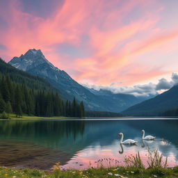 A serene landscape featuring a majestic mountain in the background with lush green forests in the foreground, a crystal-clear lake reflecting the sky, and small wildflowers scattered along the lakeside