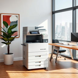 A Ricoh IMC4000 photocopier placed in an office setting with modern minimalistic decor