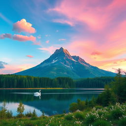 A serene landscape featuring a majestic mountain in the background with lush green forests in the foreground, a crystal-clear lake reflecting the sky, and small wildflowers scattered along the lakeside