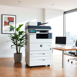 A Ricoh IMC4000 photocopier placed in an office setting with modern minimalistic decor