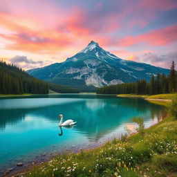 A serene landscape featuring a majestic mountain in the background with lush green forests in the foreground, a crystal-clear lake reflecting the sky, and small wildflowers scattered along the lakeside