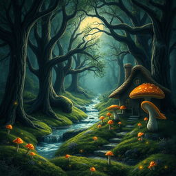 Mystical forest scene with glowing mushrooms and fireflies at night, a lush carpet of moss covering the ground