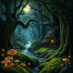 Mystical forest scene with glowing mushrooms and fireflies at night, a lush carpet of moss covering the ground