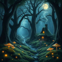 Mystical forest scene with glowing mushrooms and fireflies at night, a lush carpet of moss covering the ground