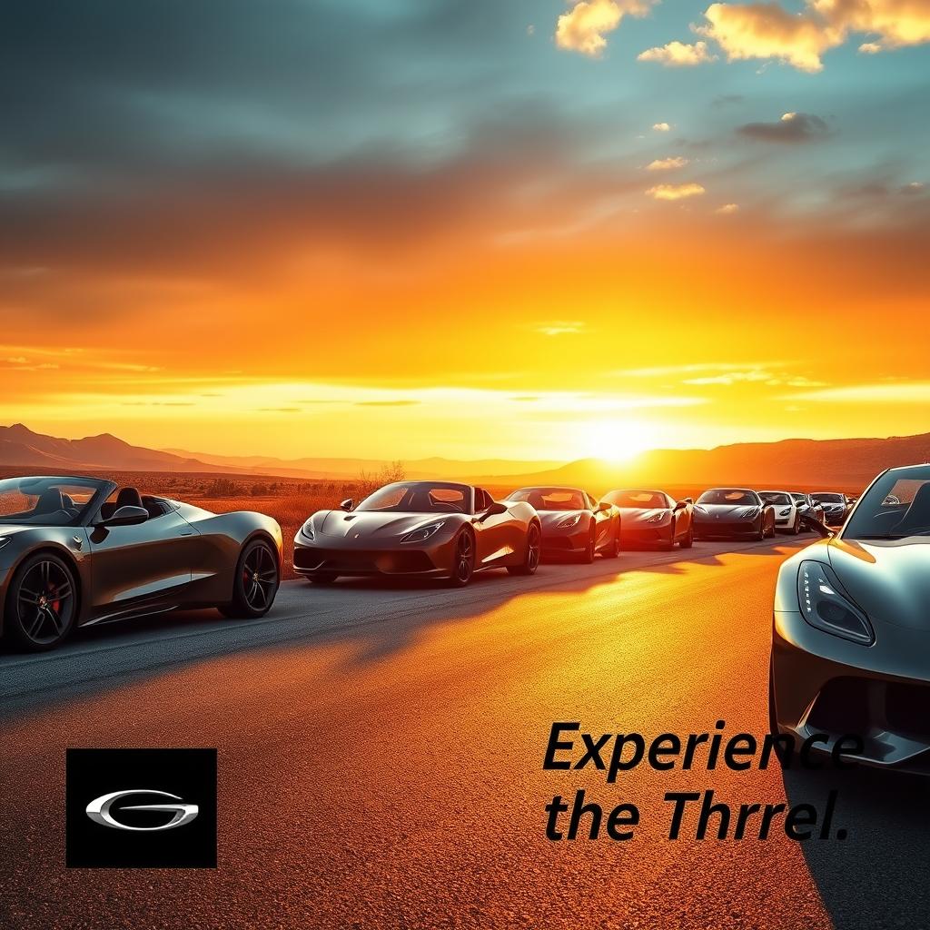 A dynamic, high-energy advertisement image showcasing a lineup of sleek sports cars