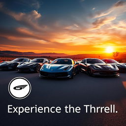 A dynamic, high-energy advertisement image showcasing a lineup of sleek sports cars