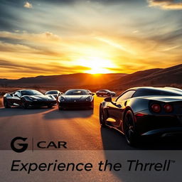 A dynamic, high-energy advertisement image showcasing a lineup of sleek sports cars