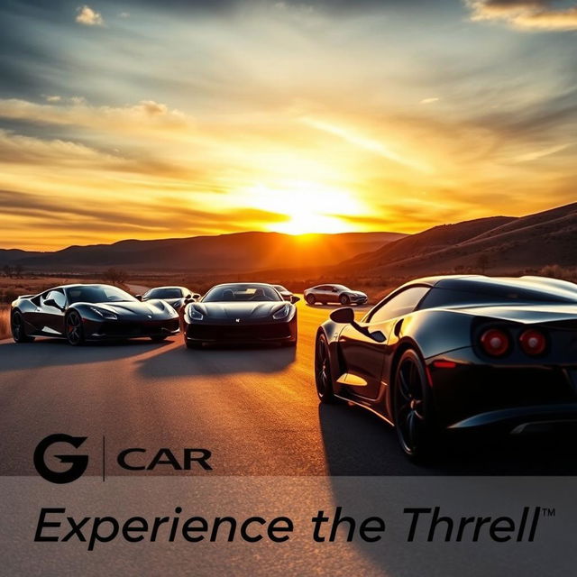 A dynamic, high-energy advertisement image showcasing a lineup of sleek sports cars