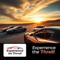 A dynamic, high-energy advertisement image showcasing a lineup of sleek sports cars