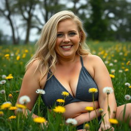 A breathtaking curvy 40-year-old blonde woman with a big smile and hazel eyes lies in a grass field full of dandelions