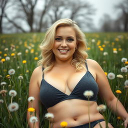 A breathtaking curvy 40-year-old blonde woman with a big smile and hazel eyes lies in a grass field full of dandelions