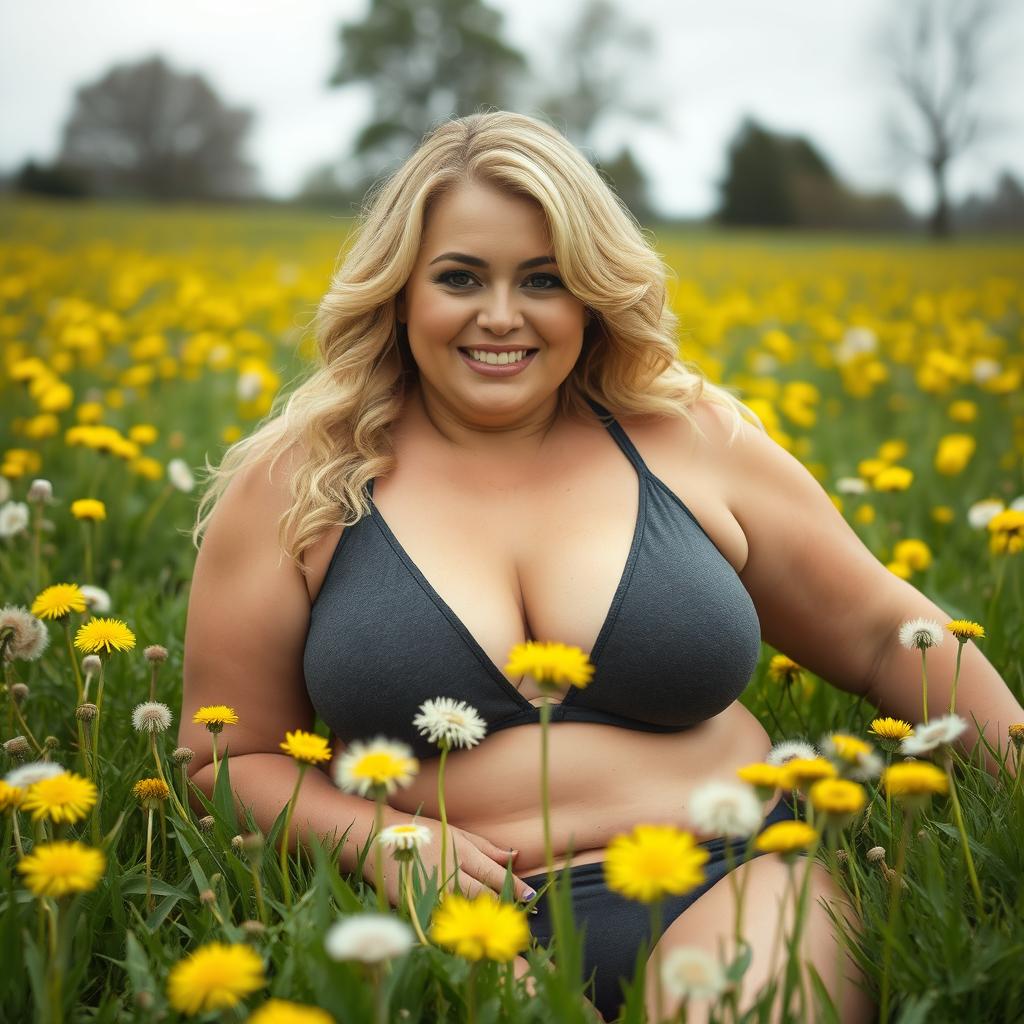 A breathtaking curvy 40-year-old blonde woman with a big smile and hazel eyes lies in a grass field full of dandelions