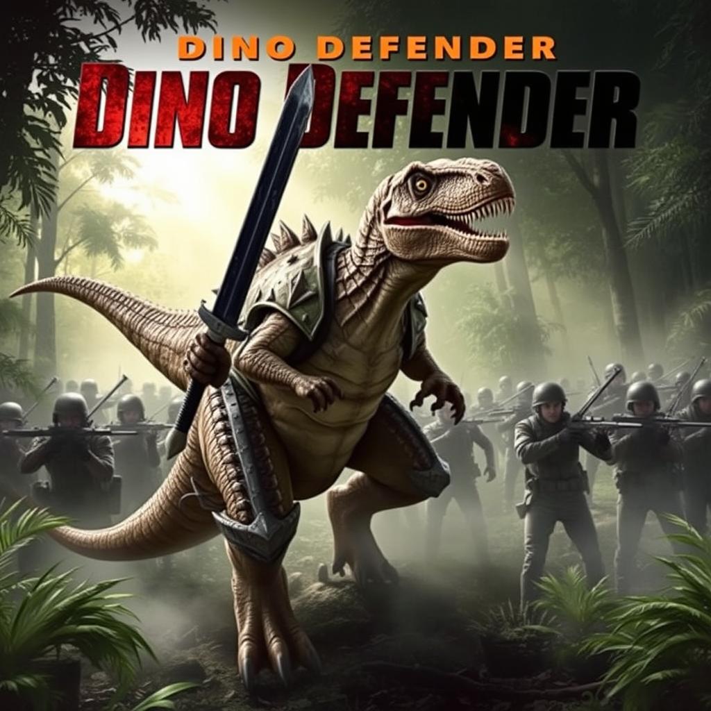 A movie cover featuring a heroic dinosaur wielding a sword, standing in a dynamic pose