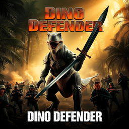 A movie cover featuring a heroic dinosaur wielding a sword, standing in a dynamic pose