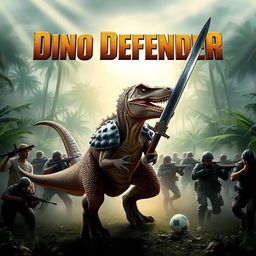 A movie cover featuring a heroic dinosaur wielding a sword, standing in a dynamic pose