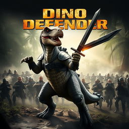 A movie cover featuring a heroic dinosaur wielding a sword, standing in a dynamic pose