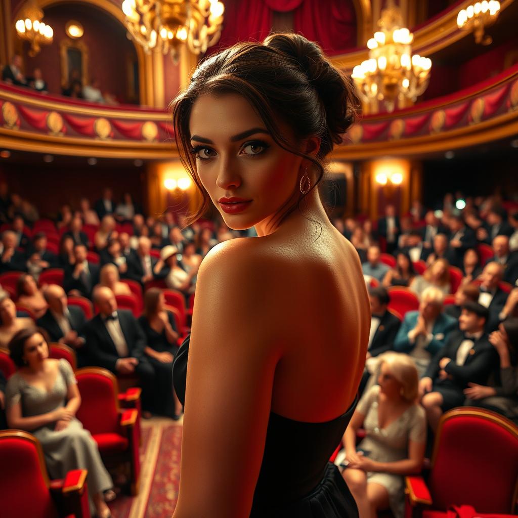 An alluring actress with a seductive expression making her entrance on stage in a crowded theater