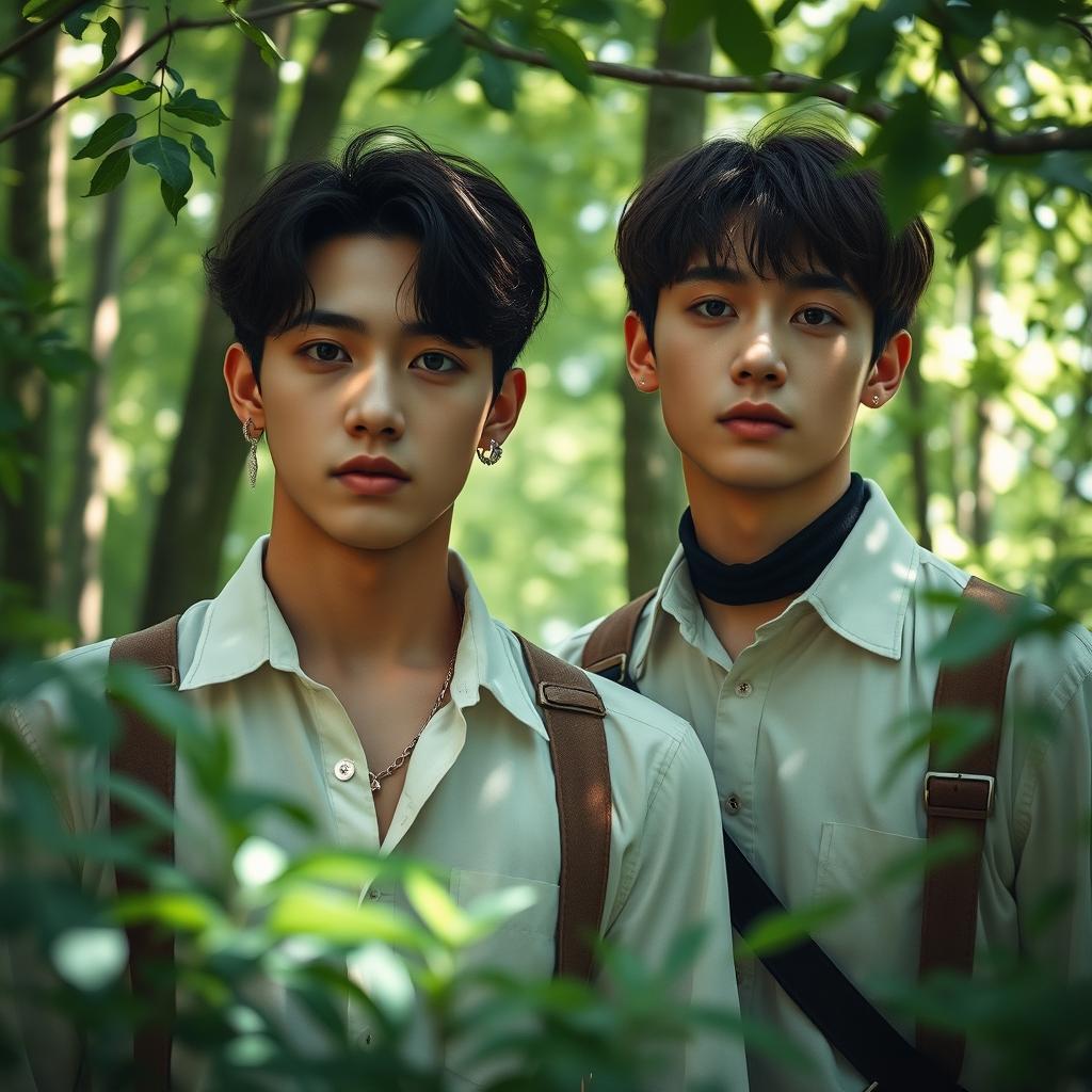 Taehyung and Jungkook from BTS in a forest setting, portrayed as an alpha and omega couple