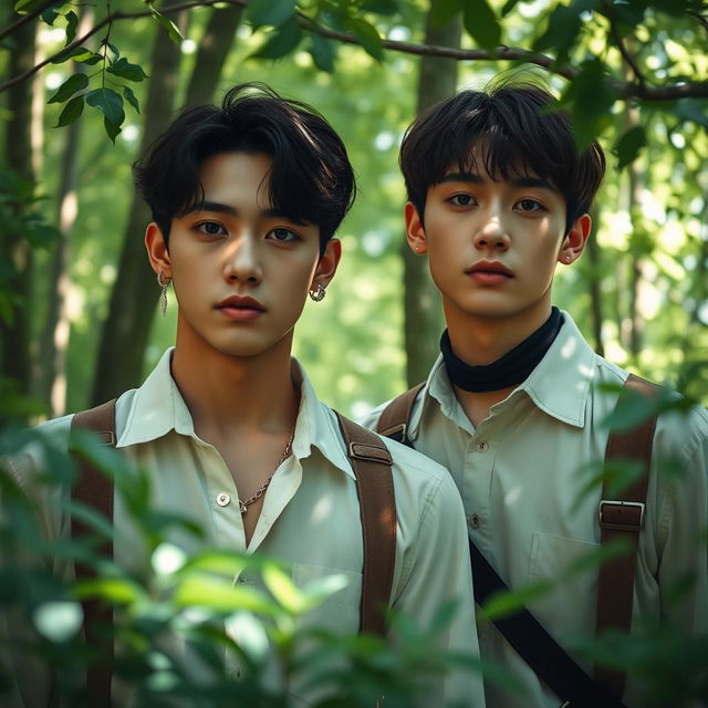 Taehyung and Jungkook from BTS in a forest setting, portrayed as an alpha and omega couple