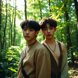 Taehyung and Jungkook from BTS in a forest setting, portrayed as an alpha and omega couple